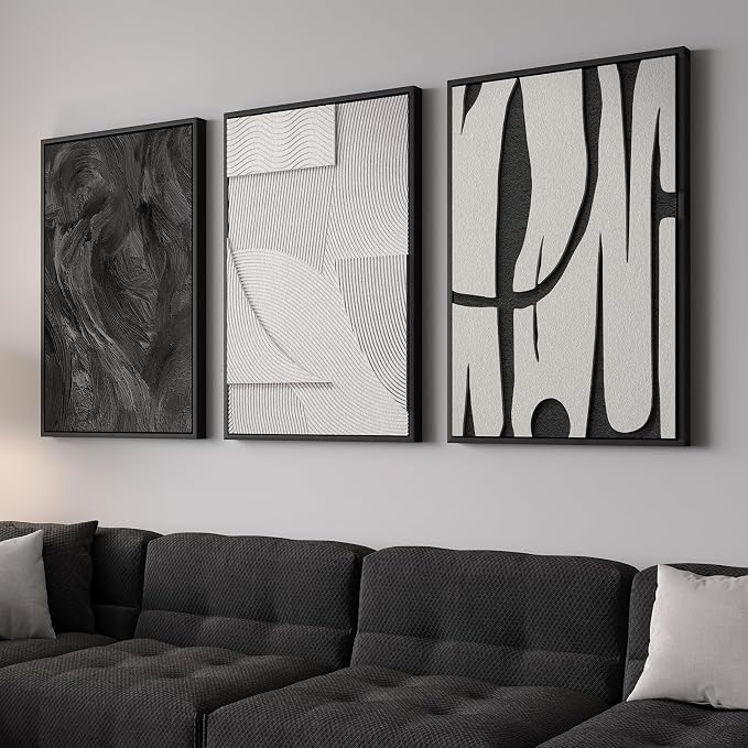 Large 3D Textured Framed Black and White Abstract Wall Art for Living Room, 3 Piece Modern Artwork for Walls, Minimalist Black White Texture Paintings for Hallway Office Wall Decor 24x36 In - Image 8