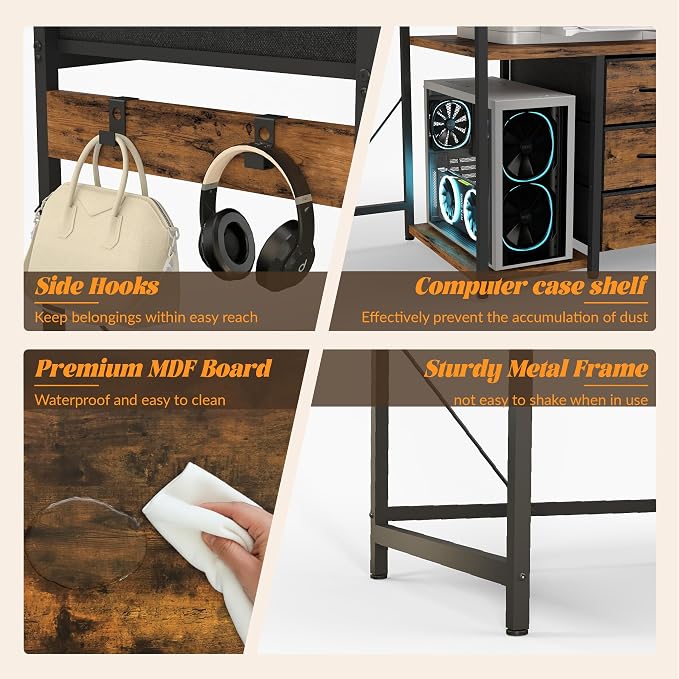 YOSHOOT 60" Computer Desk with 5 Fabric Drawers, Gaming Desk Table | Desk with Storage and Power Outlets, for Adults and Teenagers Working Writing Study, Rustic Brown - Image 5