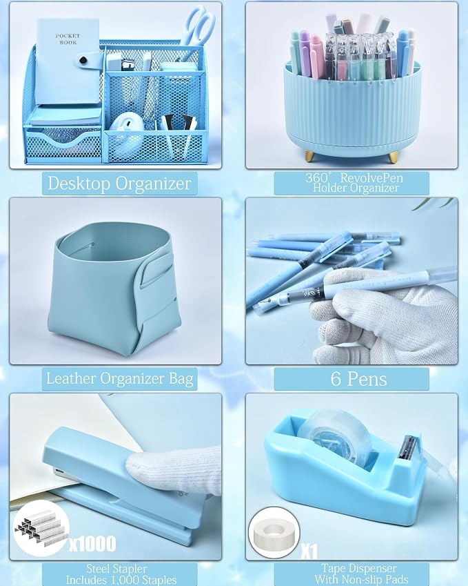 LXEVIHK 20Pcs Blue Desk Organizers and Accessories With Mesh Desk Organizer and 360°Rotating Pen Holder and a Lot of Office Blue Office Supplies Beautifully Presented in a Gift Box - Image 4