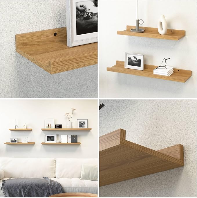 RICHER HOUSE 8-Set Floating Shelves with Lip, Oak Wall Mounted Wood Shelf | Display Picture Ledge Shelf, Anti-drop lip Shelf for Room Wall Decor, Bedroom Bathroom Storage Nursery Hanging Book Shelves - Image 4