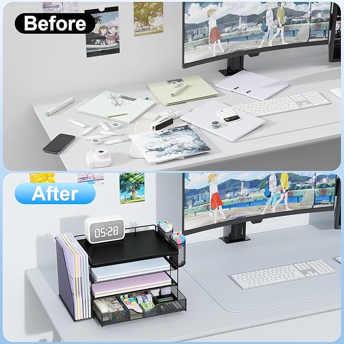 gianotter Wood Desk Organizers and Accessories with File Holder, 4-Tier Desk Accessories & Workspace Organizers with Drawer and 2 Pen Holder, Desk Reference Organizer (Black, 4T with Metal Drawer) - Image 2