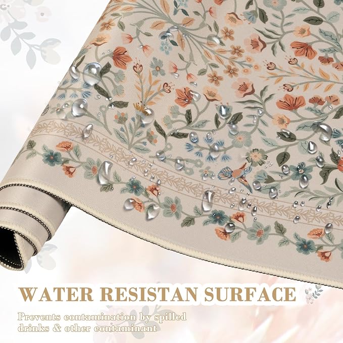 iCasso Aesthetic Desk Mat,31.5x11.8in Mouse Pads,Beige Floral | Anti-Slip Mousepad with Stitched Edges, Waterproof Computer Pad, Desk Accessories Office Decor for Women - Image 5