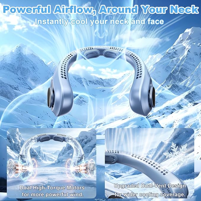 Portable Neck Fan Rechargeable - [with LED Display] 5 Speeds, 5000 mAh Battery Operated Wearable Personal Cooling Bladeless Fan for Outdoor Travel, Gifts for Men Women Kids,Sky Blue - Image 3