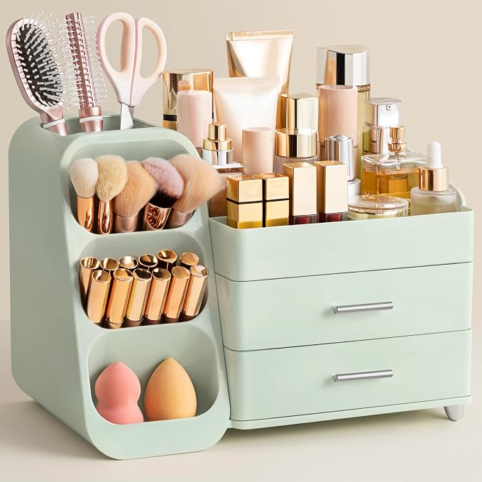 HBlife Makeup Organizer with Brush Holder for Vanity, Large Plastic Bathroom Countertop Organizer Skin Care Storage, Easy to Store Lipsticks, Nail Polishes, Perfumes, Eyeshadow Palettes, All Green by HBlife