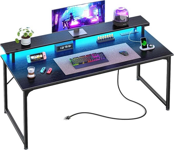 PRAISUN 48 inch Gaming Desk, LED & Power Outlets, Monitor Stand, Black | Sturdy PC Desk for Home Office, Study & Work, LED Lights, 4 AC Outlets & USB-C Charging Station by PRAISUN