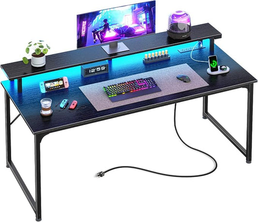 PRAISUN 48 inch Gaming Desk, LED & Power Outlets, Monitor Stand, Black | Sturdy PC Desk for Home Office, Study & Work, LED Lights, 4 AC Outlets & USB-C Charging Station by PRAISUN