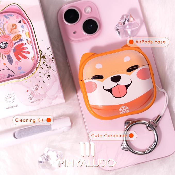 for AirPods 4 Case with Cleaning Kit, Cute Cat Ear Print Design & Cute Buckle, Inverted Phone Holder Design, Top Safe Lock Buckle Design, for Girls AirPods 4 case 2024, Orange Dog - Image 7