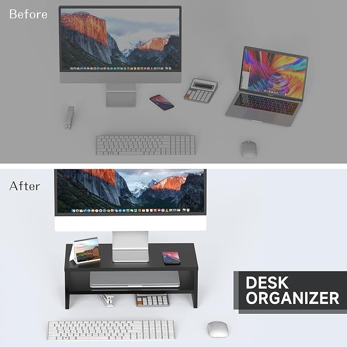 FITUEYES Monitor Stand - 2 Tier Computer Monitor Riser Shelf, Wood Desktop Stand for Laptop Computer Screen, Desk Organization, Office Supplies - Image 5