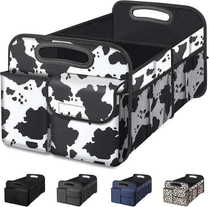 Femuar Car Trunk Organizer, Cow Print, Vintage Style, 52L Capacity, 4 Compartments, Waterproof, Non-Slip, Collapsible, 22.5"D x 18"W x 10.8"H by GuangzhouTailinTechnologyCo
