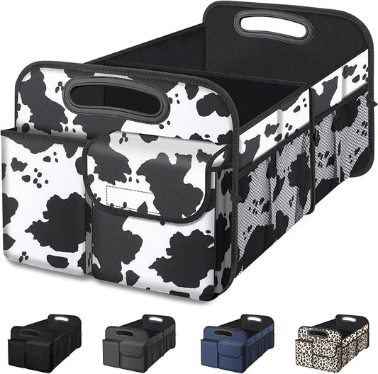 Femuar Car Trunk Organizer, Cow Print, Vintage Style, 52L Capacity, 4 Compartments, Waterproof, Non-Slip, Collapsible, 22.5"D x 18"W x 10.8"H by GuangzhouTailinTechnologyCo