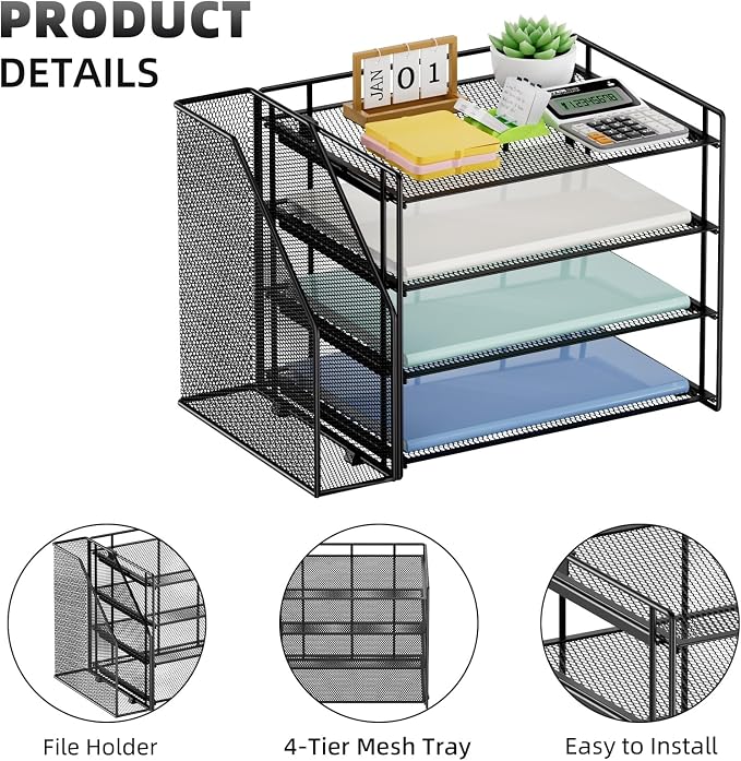 Marbrasse 4-Tier Paper Tray Organizer with File Holder, Black | Sturdy Paper Tray, Built-in File Holder, fits Letters/Docs, Saves Desk Space, for School/Office/Home - Image 4