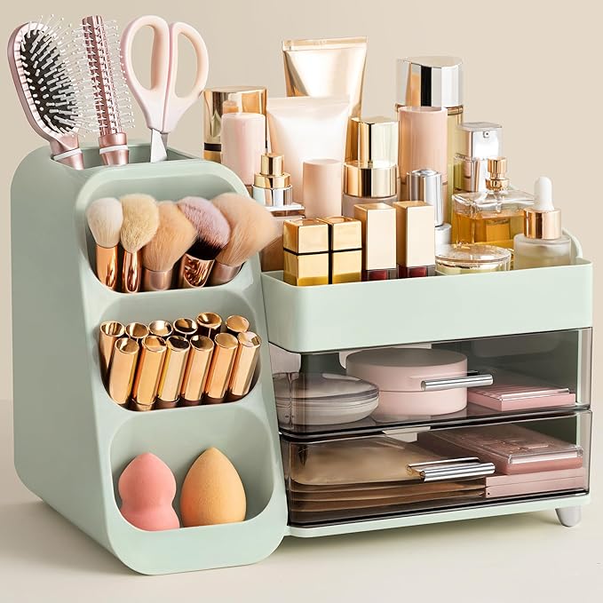 HBlife Makeup Organizer with Brush Holder for Vanity, Large Plastic Bathroom Countertop Organizer Skin Care Storage, Easy to Store Lipsticks, Nail Polishes, Perfumes, Eyeshadow Palettes, Green by HBlife