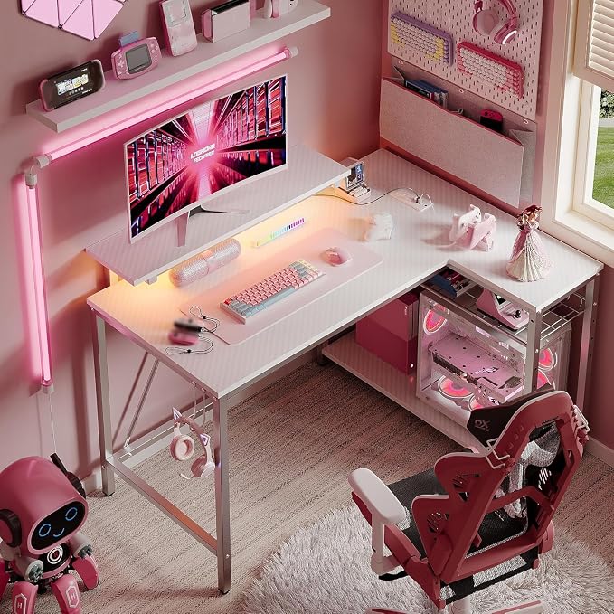 Bestier 42-Inch L-Shaped Computer Desk with Charging & LED, White | Charging 2AC+USB+Type-C, RGB LED 7 Colors/22 Modes, Reversible Storage Shelves, Headphone Hook, Small Space, 42x31.5 in - Image 6