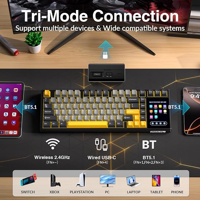 Aula L99 Wireless Mechanical Gaming Creamy Keyboard with Smart Touch Screen | Tri-Mode Hot Swappable Custom Keyboard,RGB Backlit,PBT Keycap,Gasket Mount Creamy Sounding Keyboards for Office PC,84 Keys - Image 6