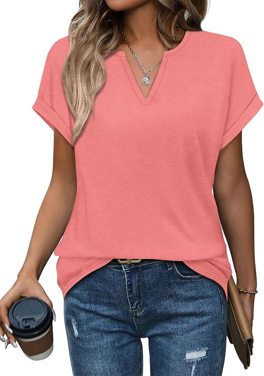 Womens Tops Dressy Casual V Neck Rolled Sleeve T Shirts Fashion Clothing Business Casual Outfits Beach Vacation Clothes by XIEERDUOFASHION
