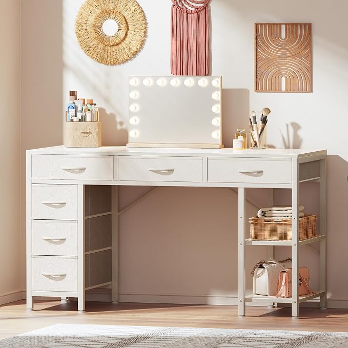 Huuger Computer Desk with 6 Drawers, Office Desk with Shelves, Reversible Gaming Desk, Corner Desk with Storage, Work for Home Office, Study, Living Room, 47inch, White - Image 2