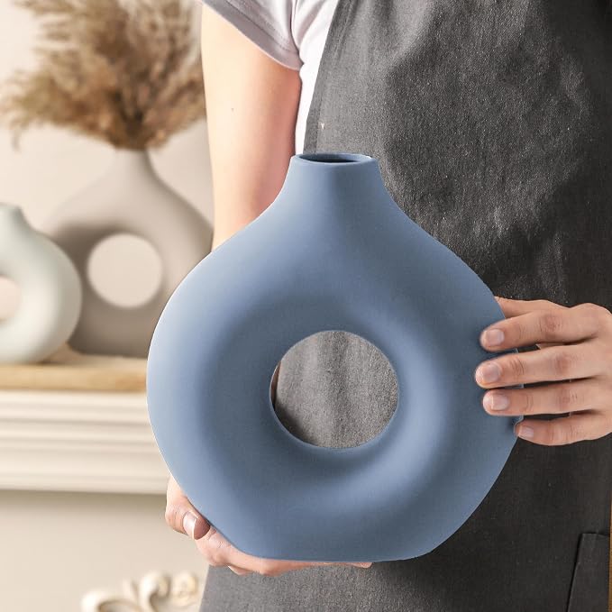 Vanselia Ceramic Vase Home Table Decor - Flower Vases Set of 3 Small Living Room Centerpiece Decorations for Shelf Bedroom Office Kitchen Dining Desk Modern Aesthetic Farmhouse Decorative (Blue) - Image 6