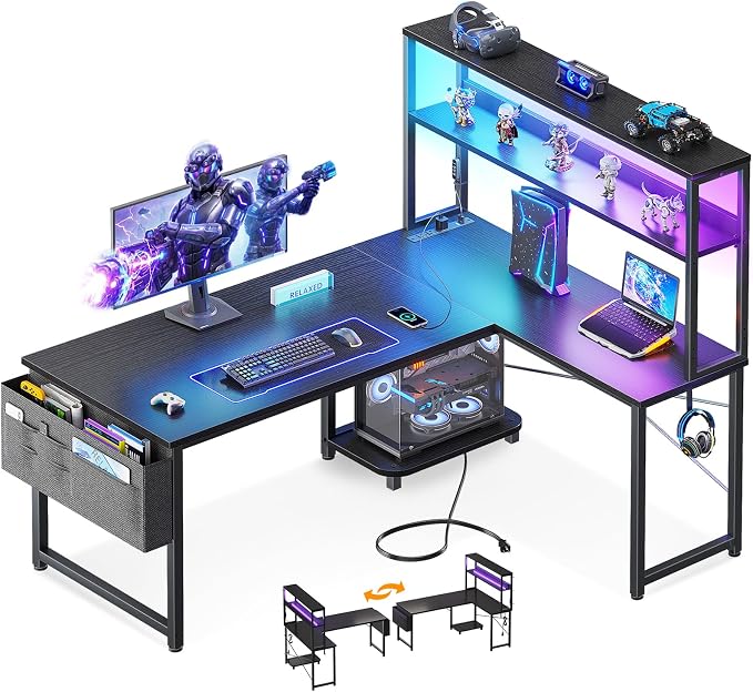 ODK 43" L Shaped Gaming Desk with Shelves, LED & Outlets, Black | Reversible L-shape. LED gaming lights & USB. Headset hook & storage bag. Fits dorms, small bedrooms & compact apartments. by ODK
