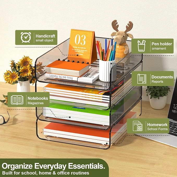 FANXIYQ 4-Tier Acrylic Paper Tray Organizer, 2-Tone Office Paper Organizer | Stackable, Tool-Free Design with 2-4 Tiers for A4 Paper, Files, Books and Mail; Ideal for School, Home Office and Study Room - Image 4