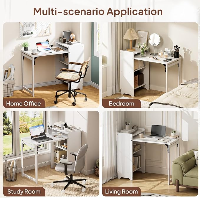 Bamboo Folding Desk with Storage, Foldable Desk for Small Spaces, White | Space-Saving Computer Desk with Storage, Compact Size, Writing Study Table for Home Office, Bedroom, Dorm, Apartment - Image 8