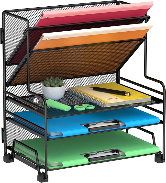 Desk File Organizer, 3-Tier Letter Tray Paper Organizer and 2-Pocket Metal Hanging Basket for Office School Classroom Organization by Delifox