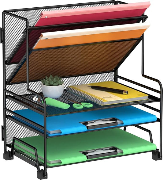 Desk File Organizer, 3-Tier Letter Tray Paper Organizer and 2-Pocket Metal Hanging Basket for Office School Classroom Organization by Delifox