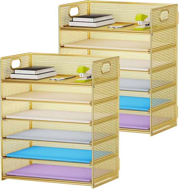 Marbrasse 2 Pack Desk Organizer with Handle, 6 Tier Paper Letter Tray, Mesh Desk File Organizer for Office, School and Home - Gold by Marbrasse