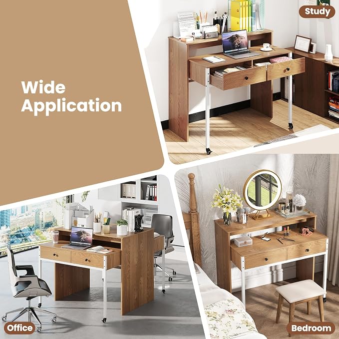 Giantex Small Computer Desk with Hutch & Drawers, Extendable Writing Desk w/Pull Out Secondary Table, Monitor Stand & Rolling Wheels, Console Table, Compact Desk for Small Spaces (Natural) - Image 8