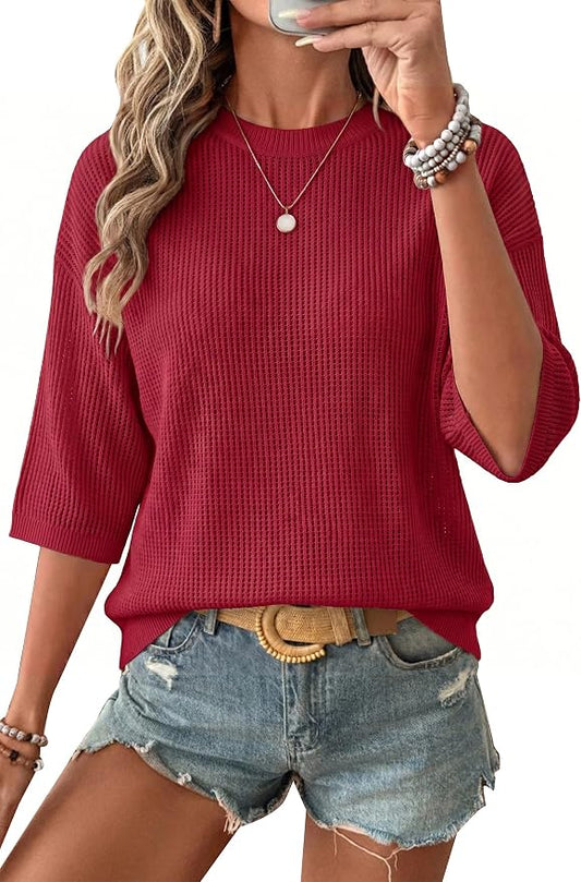 Arach&Cloz Womens Summer 100% Cotton Oversized Crochet Tops 3/4 Length Sleeve Sweater Hollow Out Casual Blouses 2026 by ArachClozFocusonQuality