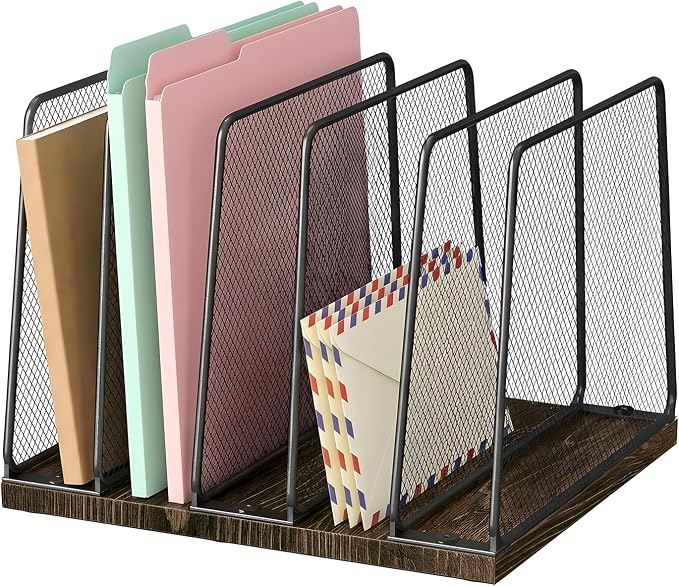 LEKETREE Desk File Organizer, 5-Section Upright File Sorter, Vertical File Folder Holder, Mesh Metal Wood Office Desktop Organization for Document, Magazine, Books and more (Wood and Black) by Stylishworkspaceeffortlessorganization