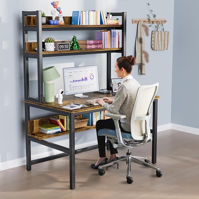 Aquzee Computer Desk with Hutch, 47“W x 23.6" D Desk with Shelves, Tall Home Office Desk with Bookshelf, Metal Legs Study Table with Upper Storage Shelf for Study Writing/Workstation - Image 7