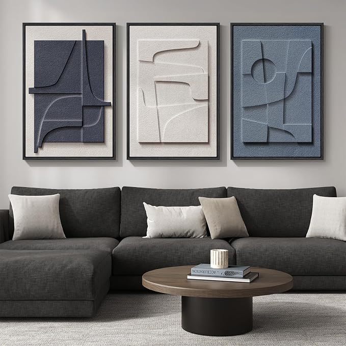 Large 3D Textured Framed Blue and White Abstract Wall Art for Living Room, 3 Piece Modern Artwork for Walls, Minimalist Navy Blue Geometric Paintings for Hallway, Stair, Office Wall Decor 24x36 In - Image 2