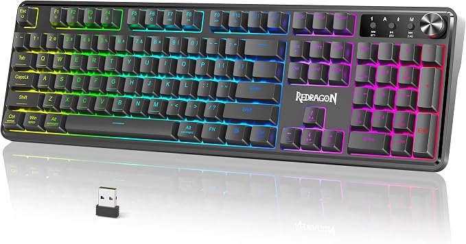 Redragon RM104 Wireless Gaming Keyboard with Knob, Tri-Mode BT/2.4G/USB-C RGB Computer Keyboards, 4000mAh Battery, Programmable Software Support, Anti-Ghosting, Compatible with PC Mac by REDRAGON