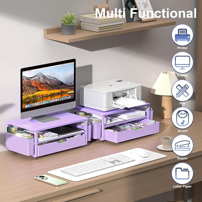 Spacrea Desk Organizer and Accessories, Computer Monitor Stand Riser with Drawer and 2 Pen Holders, Office Desk Accessories & Workspace Organizers for Office Supplies (Purple) - Image 4