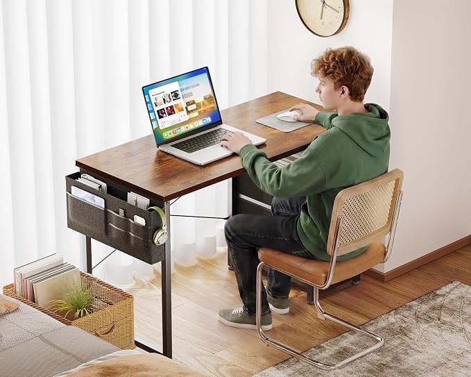 AODK 40 Inch Small Computer Desk with Fabric Drawers, Vintage | Mini Desk with Storage Shelf & Bag, Kids Study Desk for Bedroom, Home Office Desk for Small Space - Image 5