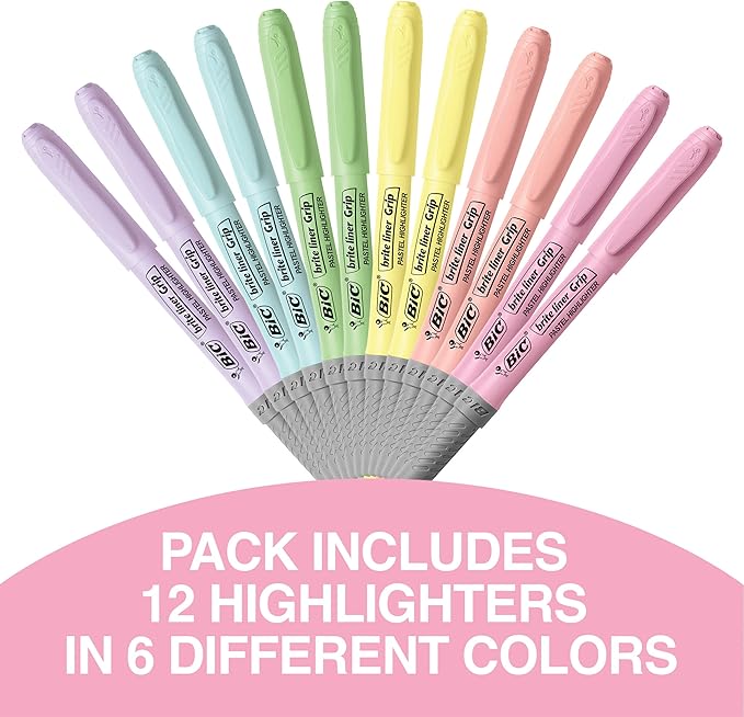 BIC Brite Liner Grip Pastel Highlighter Set, Chisel Tip, 12-Count Pack of Pastel Highlighters in Assorted Colors, Cute Highlighters for Bullet Journaling, Note Taking and More (Pack of 3) - Image 5