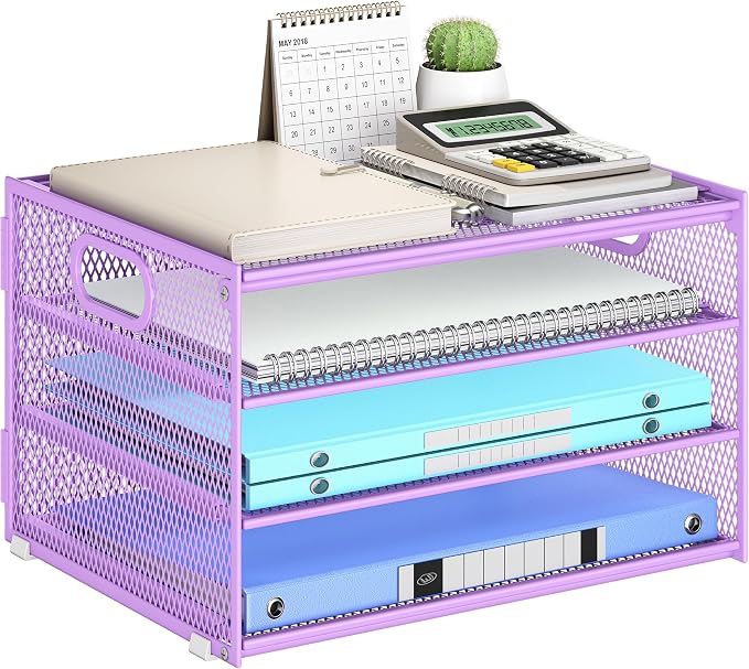 Subekyu Paper Letter Tray Organizer for Desk, Purple Metal Mesh Desk File Sorter Organizer with Handle and 2 Sliding Trays for Home Office School Supplies Organization by SUBEKYU