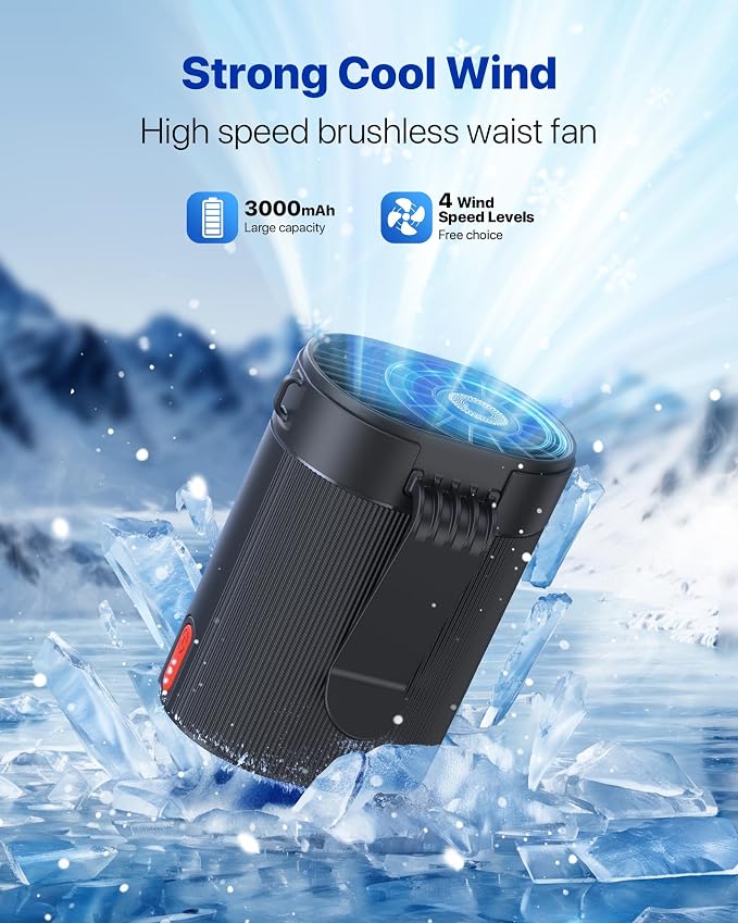 Portable Waist Fan, 6600RPM Strong Airflow Belt Fan with 25H Working Time, 4 Speeds Rechargeable Personal Fan, Hands-Free Wearable Shirt & Neck Fan for Outdoor Camping Jobsite, Black - Image 8