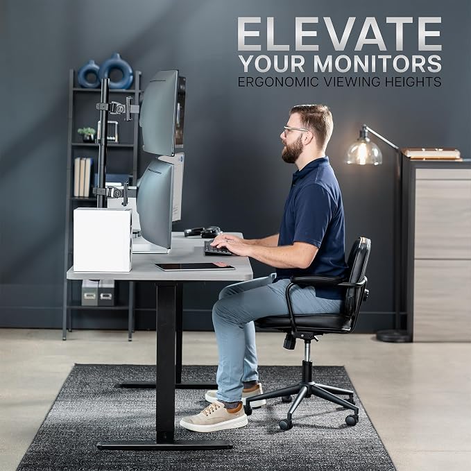 VIVO Dual Vertically Stacked Ultra-Wide Monitor Desk Mount for up to 49 inch Ultrawide Screens, Extra Tall Heavy Duty Adjustable Stand Holds 44 lbs Per Screen, Black, STAND-V202R - Image 8