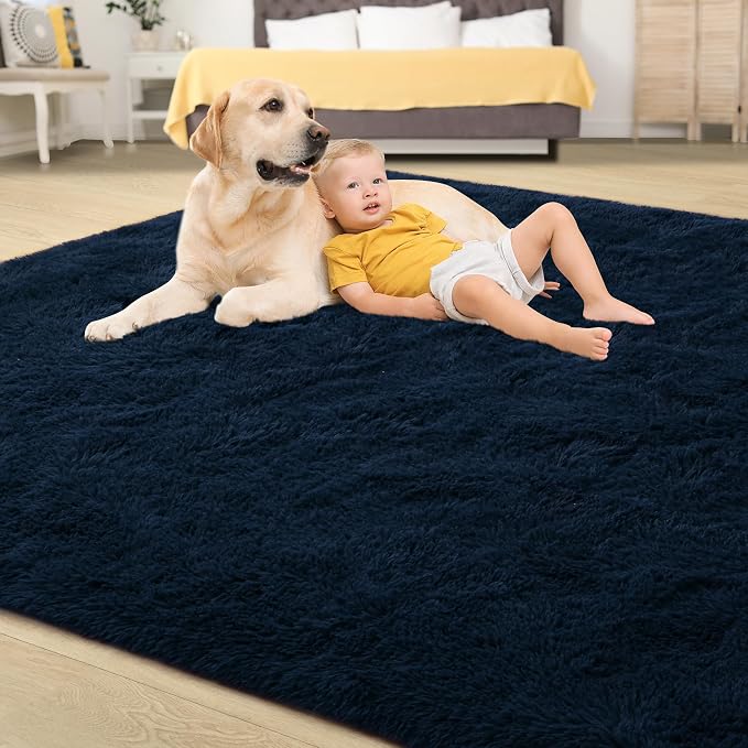 Tepook 5x8 Navy Blue Rugs for Living Room, Soft Fluffy Dark Blue Area Rug for Bedroom, Shaggy Plush Floor Carpet for Kids Girls Boys Room, Non-Slip Throw Carpets for Dorms Nursery Classroom Home Decor - Image 4