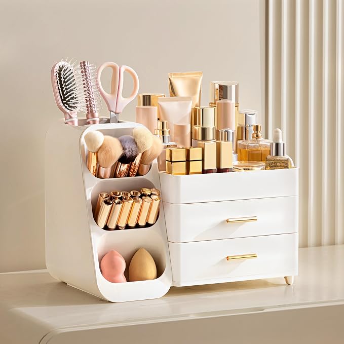 HBlife Makeup Organizer with Brush Holder for Vanity, Large Plastic Bathroom Countertop Organizer Skin Care Storage, Easy to Store Lipsticks, Nail Polishes, Perfumes, Eyeshadow Palettes, All White - Image 2