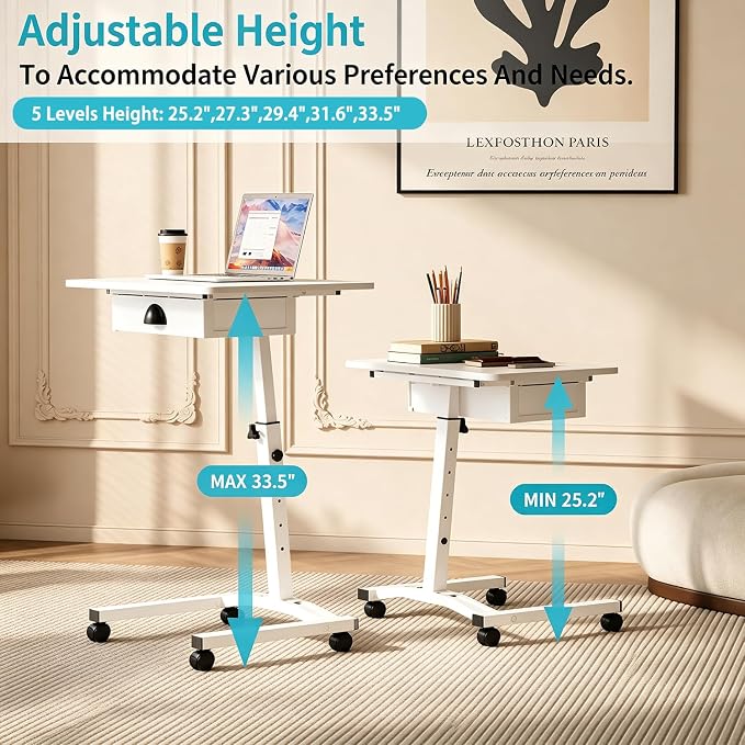 Rolling Adjustable Height Computer Desk With Drawers, Small Mobile Laptop Desk Cart On Wheels For Small Spaces Home Office, Portable Sitting Laptop Table For Bed Couch Load Up To 60LBS, Sturdy, White - Image 6