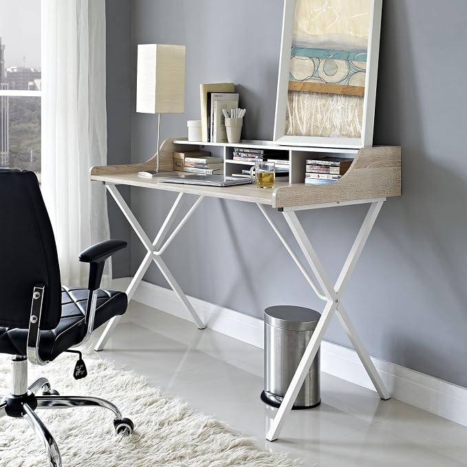 Modway Bin Contemporary Modern Writing Desk With Storage Cubbies in Oak - Image 2