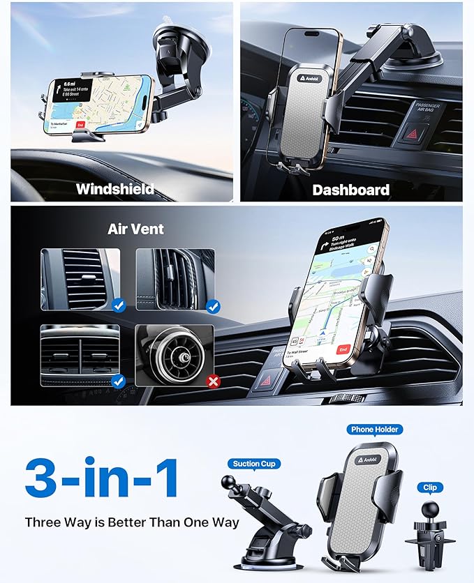 andobil Car Phone Holder, 2026 Military-Grade 89lbs Strongest Suction Phone Holders for Your Car Dashboard/Windshield/Vent Easy Clamp Cellphone Holder Truck Stand for iPhone 17 16 15 Pro Samsung Grey - Image 6