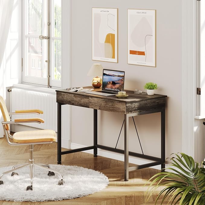 Mexin Small Desk with 2 Wooden Drawers, 40 Inch Home Office Writing Desk, Vanity Desk with Storage, Computer Desk for Bedroom Small Spaces, Table for Office, Work, Kids Study, Makeup, Gray Oak - Image 8