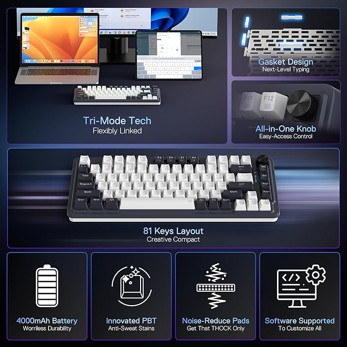Redragon K673 PRO Wireless 81-Key RGB Gasket Gaming Keyboard, Scroll Knob | Multi-Function Control Wheel, 0-Delay Tri-Mode, Cushioned 5-Layer Noise Dampening for Creamy Thocky Sound, Compact 80% Size - Image 2