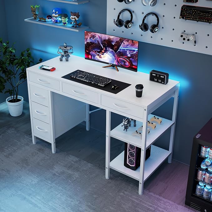 Sweetcrispy 47" Computer Desk with 6 Fabric Drawers & Storage Shelves | Reversible Gaming Desk, Office Desk, Computer Workstation, Corner Desk with Storag, Home Office, Living Room, White - Image 4