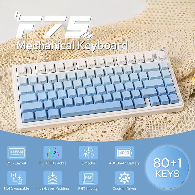 EPOMAKER x Aula F75 Gasket Mechanical Keyboard, 75% Wireless Hot Swappable Gaming Keyboard with Five-Layer Padding&Knob, BT/2.4GHz/USB-C, RGB (Blue Gradient, LEOBOG Reaper Switch) - Image 2