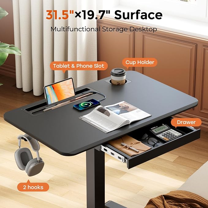 32" Mobile Desk with Drawer, Rolling Standing Desk on Wheels | Height Adjustable Desk with Cup Holder and Hooks, Portable Laptop Cart with Storage for Home Office, Black - Image 4