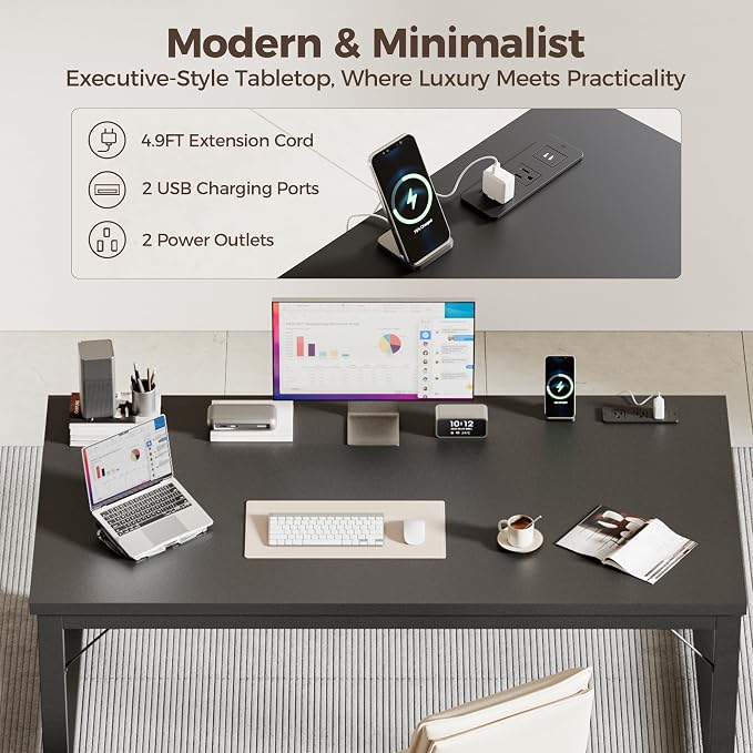 Mericonia 48 Inch Computer Desk with Power Outlets, 1.2" Thick Office Table | Modern Simple Style, Heavy Duty Industrial Frame, Small Study & Writing Table for Home Bedroom Work, Black - Image 5